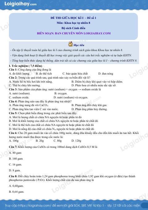 Đề thi giữa kì 1 KHTN 8 Cánh diều - Đề số 1